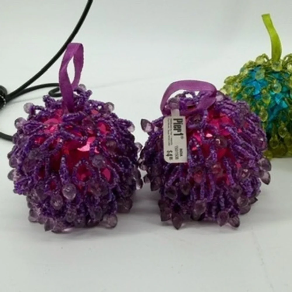 Pier 1 Beaded Bauble Ornaments‎ Set of 4 Purple Blue Green Festive Decor